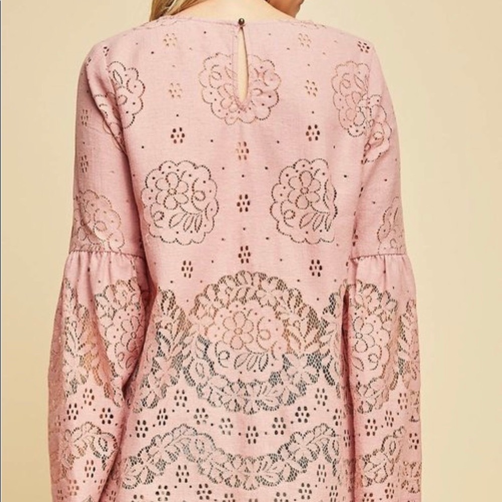 Laser cut blush lace inspired bell Sleeve Top - Picture 2 of 5